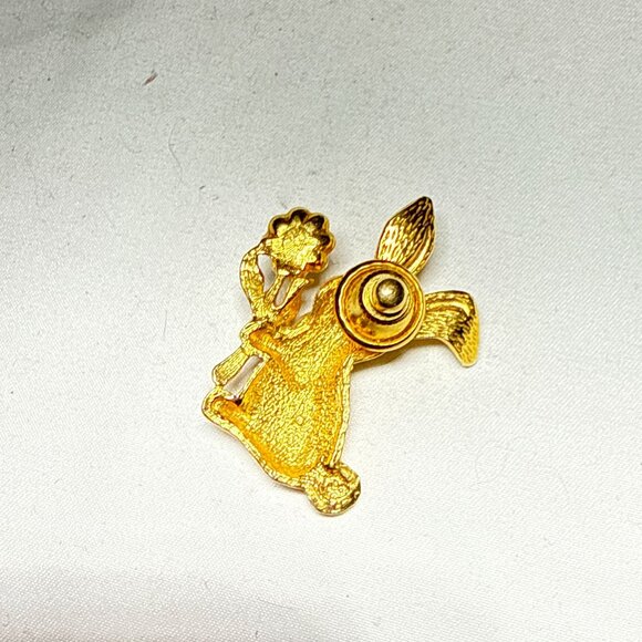 Gold Tone Bunny Rabbit Lapel Pin Holding Flower Vintage Brooch Cute Easter Gift - Picture 5 of 14